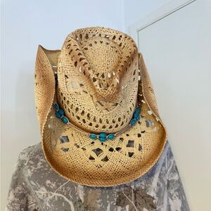 Women's Tan Cowboy Hat with Blue Bead Detail